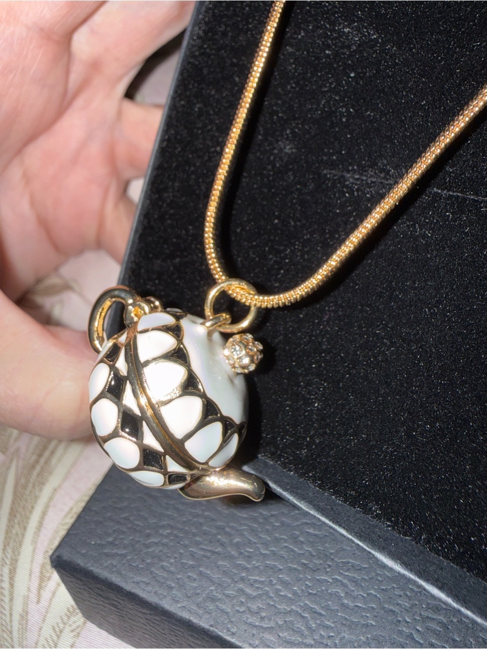 Gold and White Teapot Pendant Necklace 36” Adjustable Locket - Picture 2 of 12